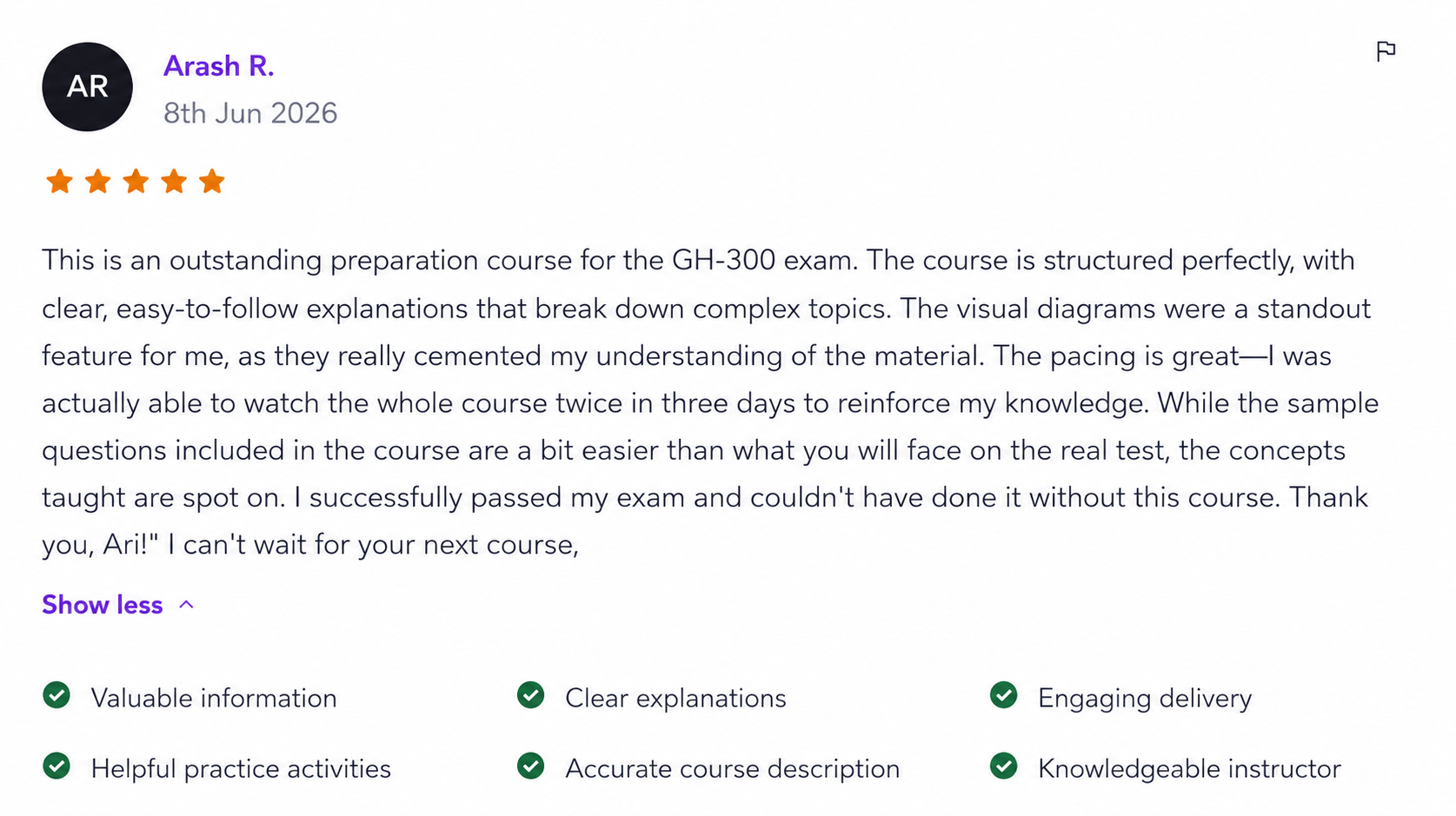 5-star Udemy review from Arash R.: Outstanding GH-300 preparation — I successfully passed my exam and couldn't have done it without this course