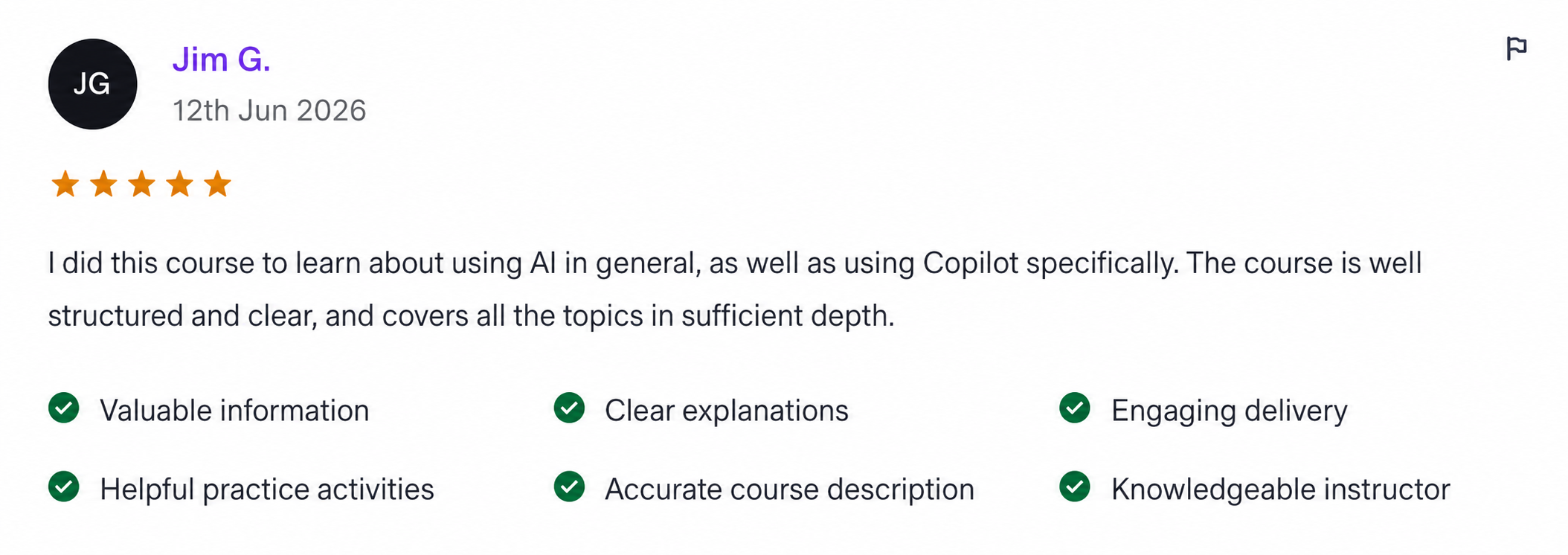 5-star Udemy review from Jim G.: Well structured and clear, covers all topics in sufficient depth