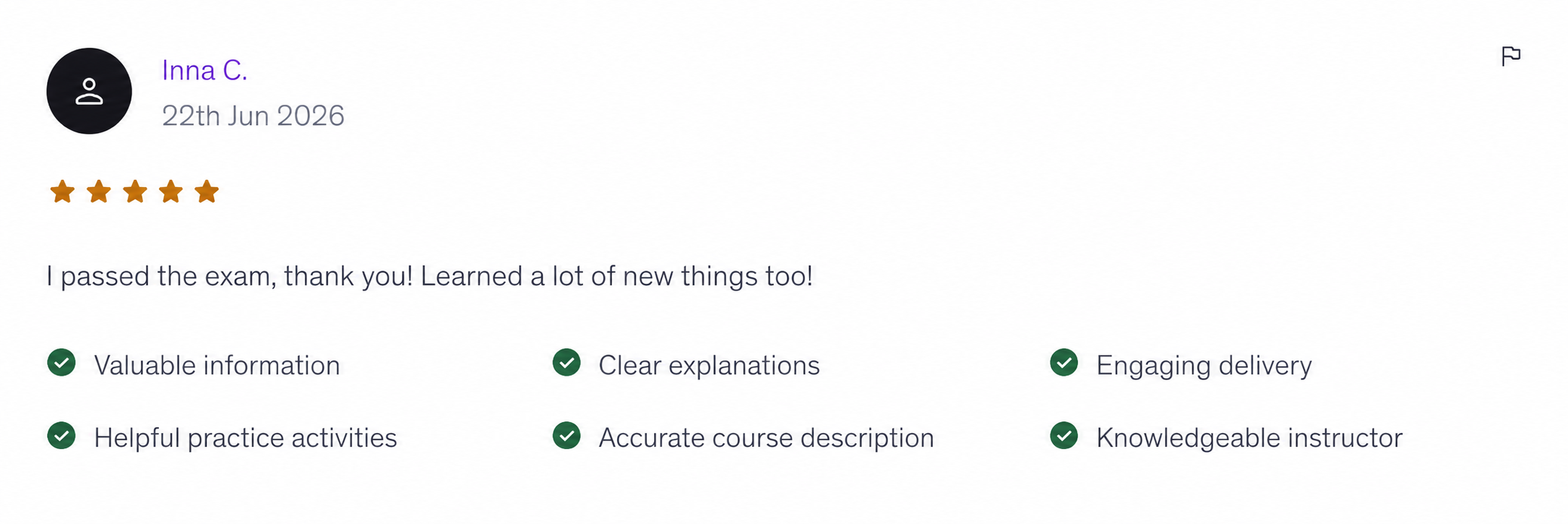 5-star Udemy review from Inna C.: I passed the exam, thank you! Learned a lot of new things too!
